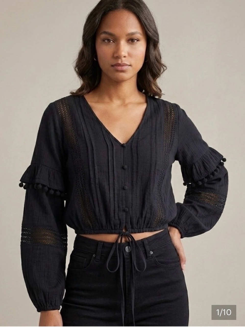 House of Harlow 1960 Black Boho Tie-Front Peasant Blouse
